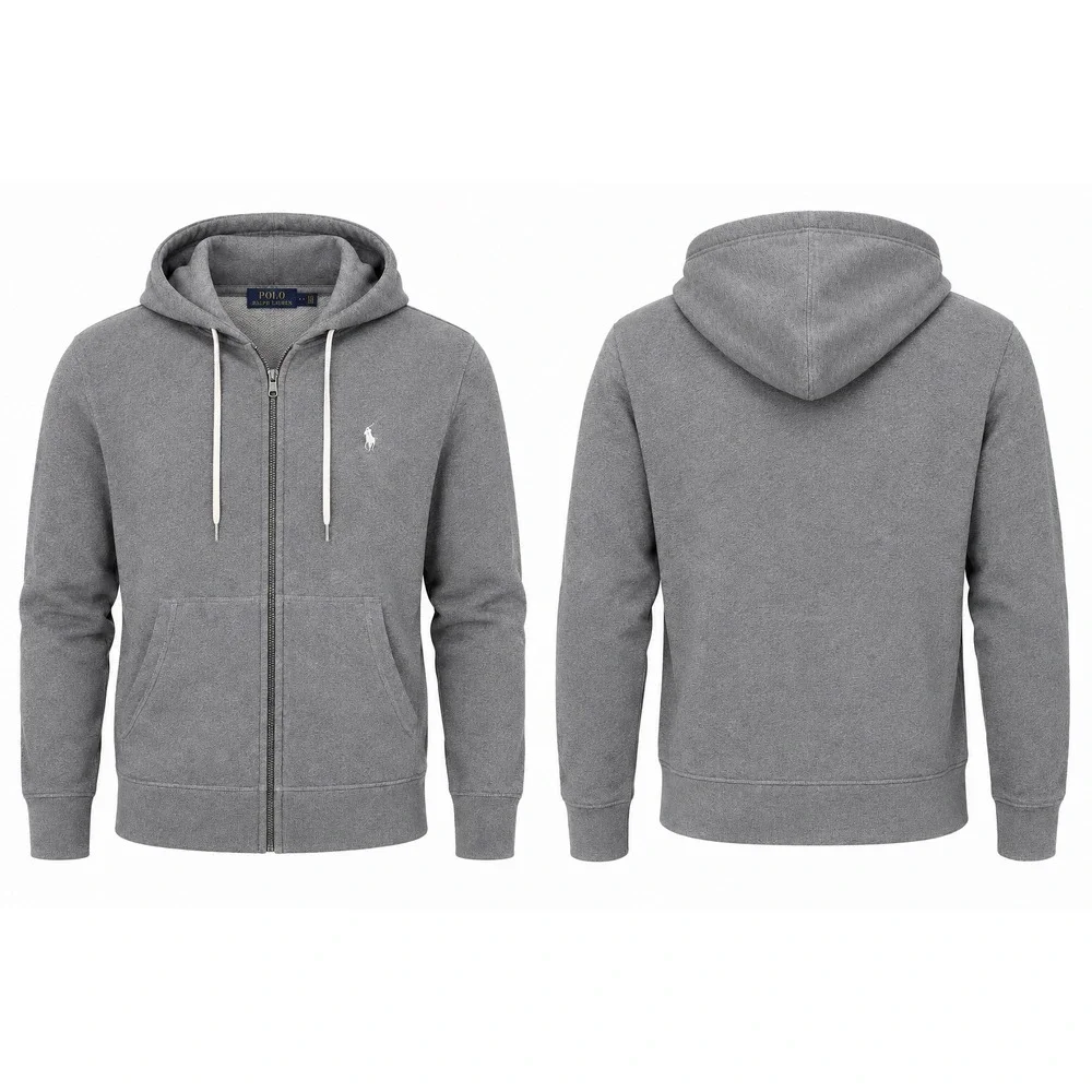 Polo Ralph Lauren Hoodie Mens L Gray Full Zip Pony Logo Cotton French Terry